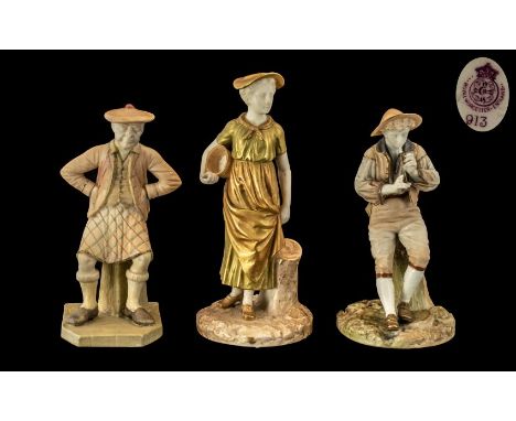 Royal Worcester Trio of 19th Century Hand Painted Figures ( 3 ) In Total. All Figures with Issues ( only minor ) Comprises 1/