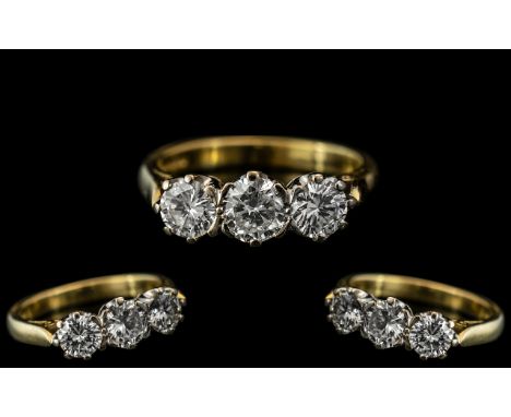 Ladies 18ct Gold - Attractive 3 Stone Diamond Set Ring. All Diamonds of Excellent Colour and Clarity. Diamond Weight 1.00 ct.