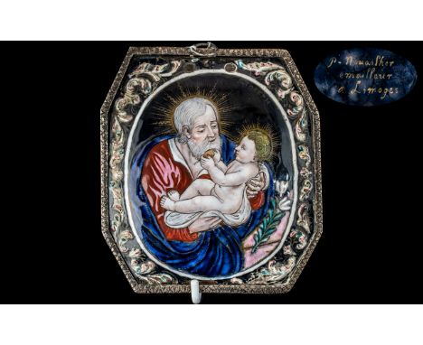 Antique Limoges Religious Enamel Plaque on Copper, mounted in a silver frame, signed to verso.  Measures 5.25" x 4.75".