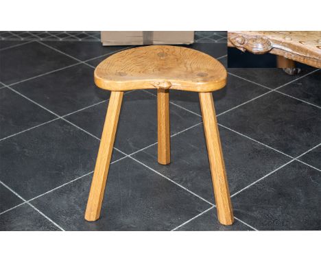 Robert Thompson, Mouseman of Kilburn, An Oak Three Legged Stool with adzed kidney shaped top and carved mouse signature.  