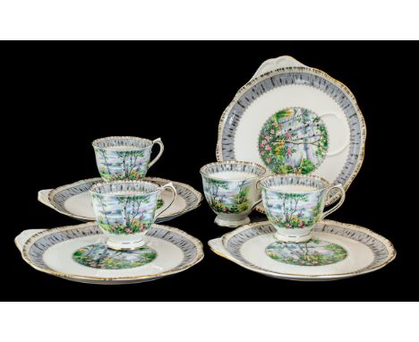 Royal Albert Silver Birch Set of Four Breakfast Cups and Four Handled Sandwich Plates.