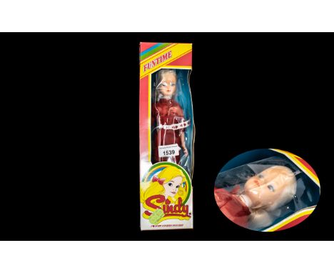 Sindy Funtime Doll by Pedigree, in original box, Sindy wearing a red dress with a red and white heart sash belt, blond hair, 