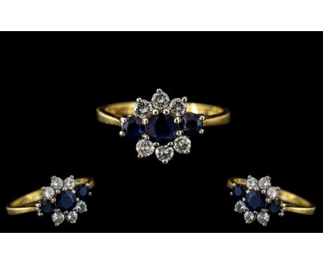 18ct Gold Attractive and Petite Diamond &amp; Sapphire Set Ring- Full Hallmark for 750 to Interior of Shank. The Six Brillian