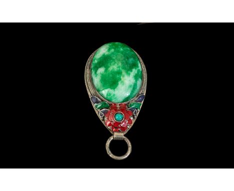 Large Chinese Silver and Enamel Pendant with Large Jadet Effect to Centre. Large Jadet Look Stone with Enamel Flower Decorati