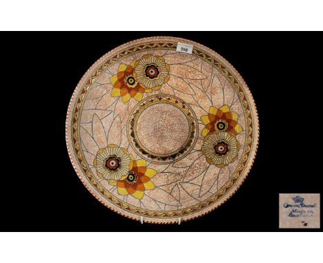 Large Crown Ducal Charger, by Charlotte Rhead, 17.5" diameter.  Rhodian pattern, tubelined floral design.