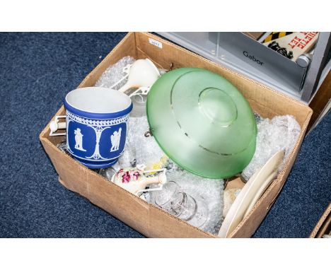 Box of Assorted Pottery &amp; Glass, including vintage glass light shades, assorted cabinet plates including Royal Doulton, g