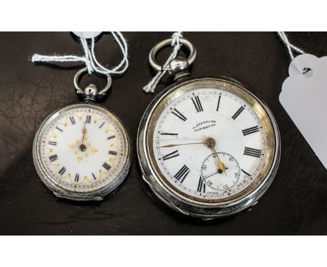 A Silver Open Faced Pocket Watch white enamel dial, marked Gaaronson Manchester 54mm silvered case. Together with a ladies si