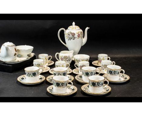 Wedgwood 'Lichfield' Coffee Set, comprising coffee pot, sugar bowl, creamer, six coffee cans and saucers.  Together with Roya