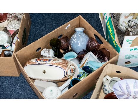Box of Assorted Pottery &amp; Glass, including purple glasses, Poole pottery items, vases, jugs, Goebel trinket box, etc.