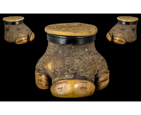Taxidermy Interest - Rhinoceros Foot in the Form of an Inkwell.  Antique taxidermy novelty, rhino inkwell, height 6.3" depth 