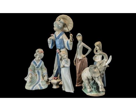 Collection of Four Nao Figures, comprising 9'' figure of a young girl, 8'' figure of a girl with a puppy, 11'' figure of a yo