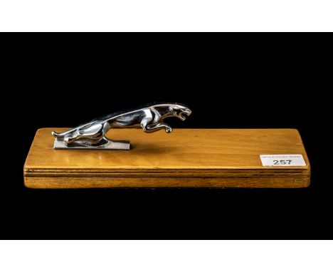 Jaguar Car Interest. Chrome Jaguar Mascot on a Light Wood Plinth. Please See Photo. The Jaguar Mascot Approx 13 cms Long, Woo