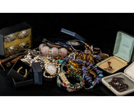 Good Collection of Costume Jewellery. Includes Bangles, Pipe, Bracelets, Watch, Brooches, Set of 4 Serviette Rings for the Ce