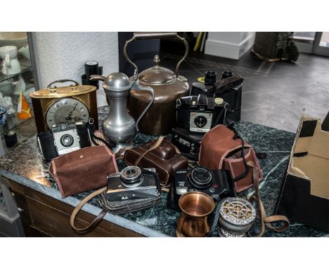 Box of Vintage Cameras &amp; Collectibles, comprising two Kodak Brownie Cresta cameras in carrying cases, a Vario German came