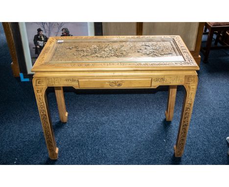 Carved Light Wood Decorative Console Table, with inlaid carved oak design of leaves and acorns beneath a glass top.  Raised o