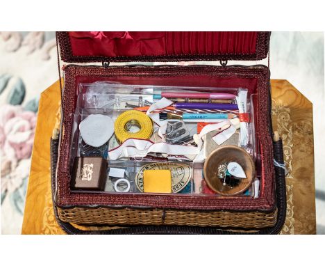 Musical Sewing Table &amp; Sewing Box, comprising a lacquered wood inlaid musical sewing table, 16" wide x 12.5" deep x 19" t