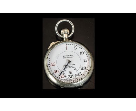 A Football Stop Watch, white enamel dial, Arabic Numerals with second aperture, 50 mm chrome case, ticking in working order. 