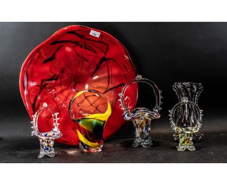 Collection of Murano Style Glass, to include three basket vases, a further vase and a large shallow bowl of wave form 18" dia