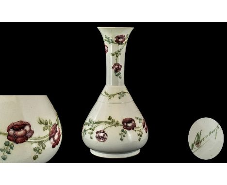 William Moorcroft Signed Tall and Impressive Hand Painted Tubelined Vase ' Rose Garland ' Design on White Ground. c.1907. Hei