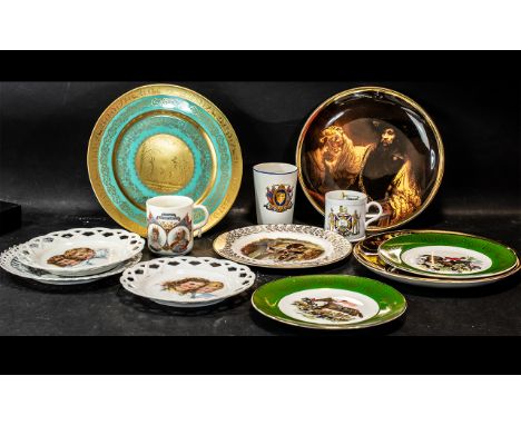 Aofi Ceramic Fairy Plate, gilded edge with large centre gilded medallion. Outer band features working elves. Centre shows fro