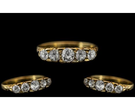 Antique Period Attractive 18ct Gold 5 Stone Diamond Set Ring with a Gallery Setting - The Five Semi-Cushion Cut Diamonds of E