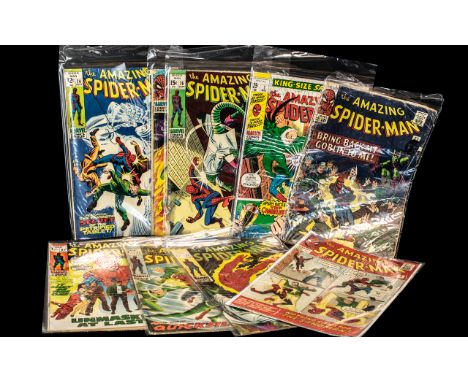 Collection of Early Spiderman Marvel Comic Books, nine in total, comprising 'In the Blaze of Battle' No. 77, 'Quicksilver' No
