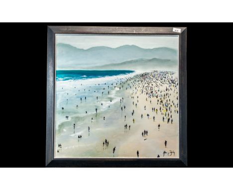Adam Barsby Painting, contemporary artwork signed to bottom right, depicting a crowded beach scene.  Measures approx overall 
