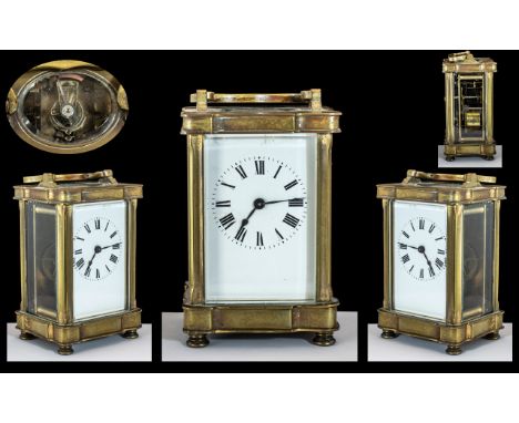 French - Late 19th Century Heavy Brass Cased Carriage Clock of Pleasing Proportions, with White  Enamel Dial, Visible Lever E