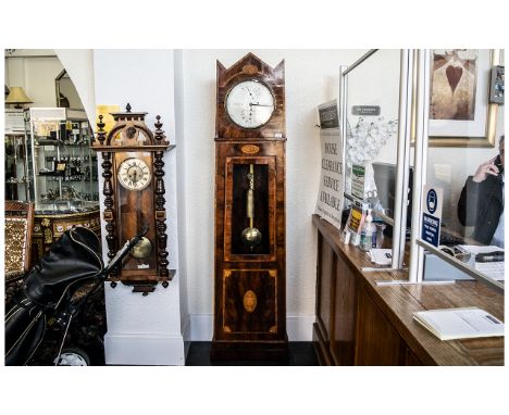 A Walnut Cased Regency Regulator Long Cased Clock, silver dial, marked Bootle &amp; Liverpool, Fred K Balde. The inlaid walnu