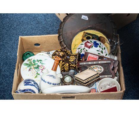 Box of Assorted Pottery &amp; Glass, including cabinet plates, china butterfly decorated cake plate, Wedgwood jug, pots, card