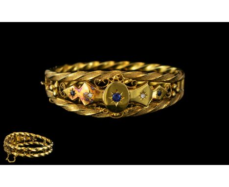 Victorian Period 1837 - 1901 Exquisite and Superb 18ct Gold Diamond and Sapphire Set Bangle with Safety Chain. Wonderful Desi