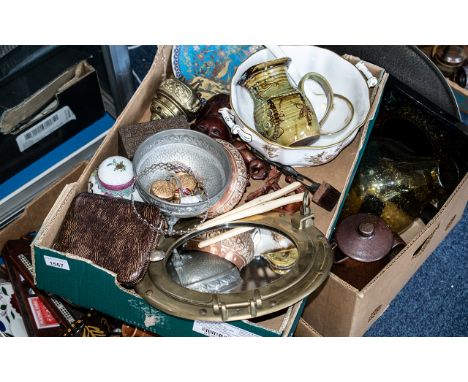 Box of Assorted Pottery &amp; Glass, including port hole shaped mirror, large soup bowl and ladle, pottery jug, cabinet plate