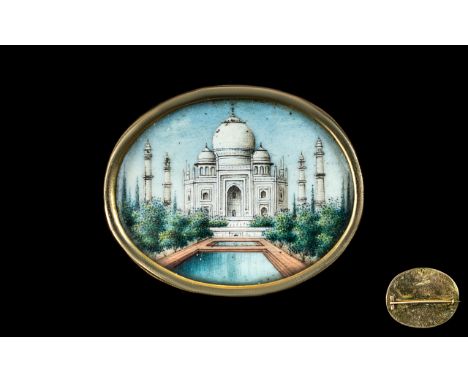 Indian Late 19th Century Architectural Miniature Handpainted Brooch, of oval form, on ivory, possibly by the Company School, 