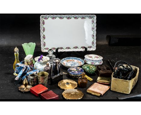 Box of Bric a Brac, comprising a porcelain oblong dressing table tray with matching lidded pot, a glass scent bottle, a small