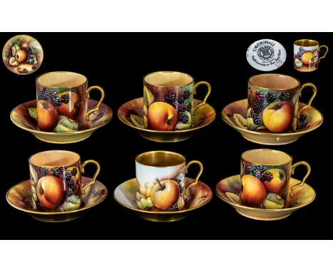 Caverswall Excellent Pair of Signed and HandSet of 6 Coffee Cans plus 1 and saucers all signed fallen fruits still lifes  sig
