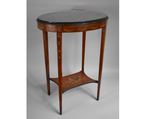 An Edwardian Occasional Table, Oval Form with Tapered Legs having Stretcher Shelf, The Table Hand Painted with Floral Swags a