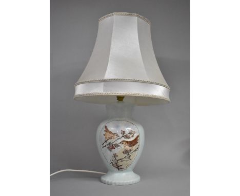 A Ceramic Table Lamp Base of Baluster Form having Oval Cartouches Housing Hand Painted Wren Decoration, Signed on Blue Mottle