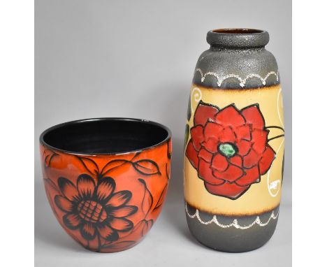 A Large Glazed Planter with Floral Decoration together with a Large Fat Lava Glazed Vase Measuring 48cms High and Planter 25c