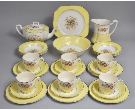 A Johnson Bros Pareek Yellow, White and Floral Decorated Breakfast Set to comprise Teapot, Jug, Six Cups, Five Saucers, Six S