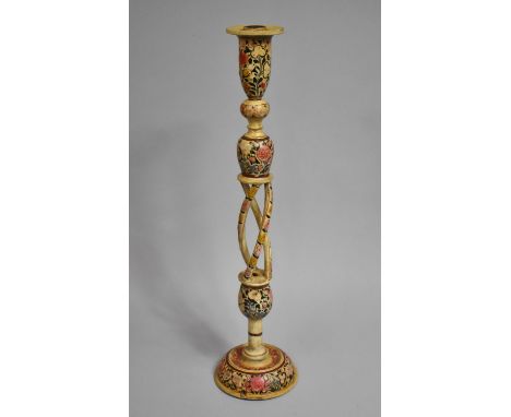 A Kashmiri Candle Stand/ Table Lamp Base on Cream Ground with Applied Polychrome Decoration, 51cms High 