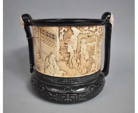 A Bretby Pottery Twin Handled Chinoiserie Planter with Central Faux Ivory Period Theme Decoration Set against Black Ground, I