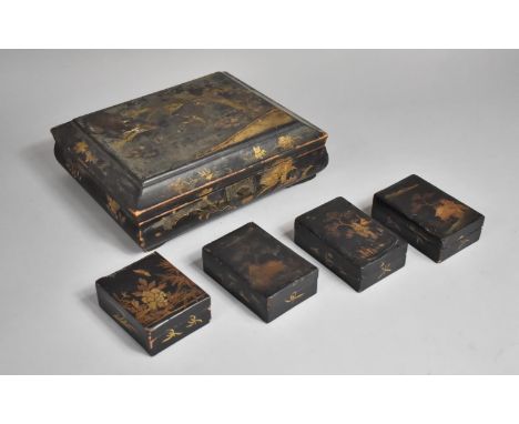 A 19th Century Chinoiserie Lacquered Cushion Topped Box Decorated with Birds and Trees, with Hinged Lid revealing Retailers L