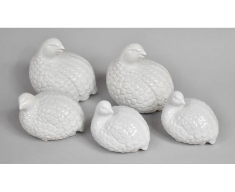 A Set of Five White Glazed Ceramic Quail Ornaments