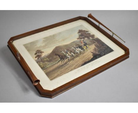 An Early 20th Century Asprey Drinks Tray Having Two Handles in the Form of Hunting Horns, Glazed Tray Top with Etching 'One M