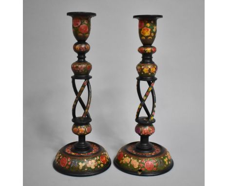 A Pair of 20th Century Kashmiri Candle Stands/Lamp Bases on Black Ground with Polychrome Floral Decoration, 32cms High 