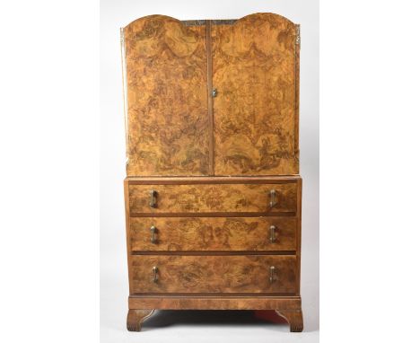 An Early/Mid 20th Century Walnut Tallboy with Bottom Three Drawer and Top Shelved Cupboard, Bracket Feet, 73cm Wide 