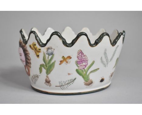 A Modern Chinese Planter with Shaped Edge Having Twin Lion Mask Head Stylised Handles and Decorated with Insects and Flowers,