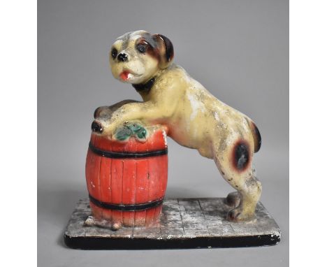 A Vintage Chalkware Study of Dog Leaning on Barrel, 23cms High, Condition Issues to Include Loss to Enamel 