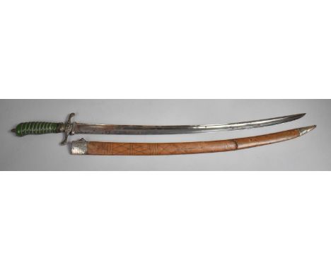 A 19th Century Curved Bladed Sword with Wired and Green Stained Ivory Handle, Leather and White Metal Mounted Scabbard, Colla