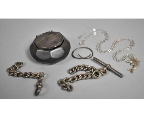 A Part Silver Albert Chain (AF) A Miniature Lidded Silver Pot (AF) White Metal Dolphin Pendant and a White Metal RIng (Both A
